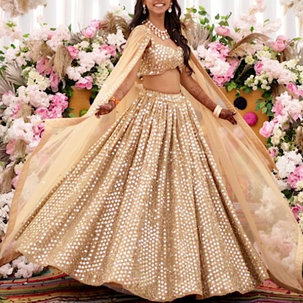 Gold Real mirror work designer lehenga for indian weddings
